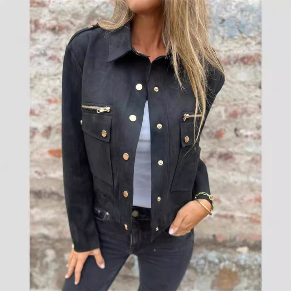 Suede Jacket with Lapel Collar and Metallic Zip
