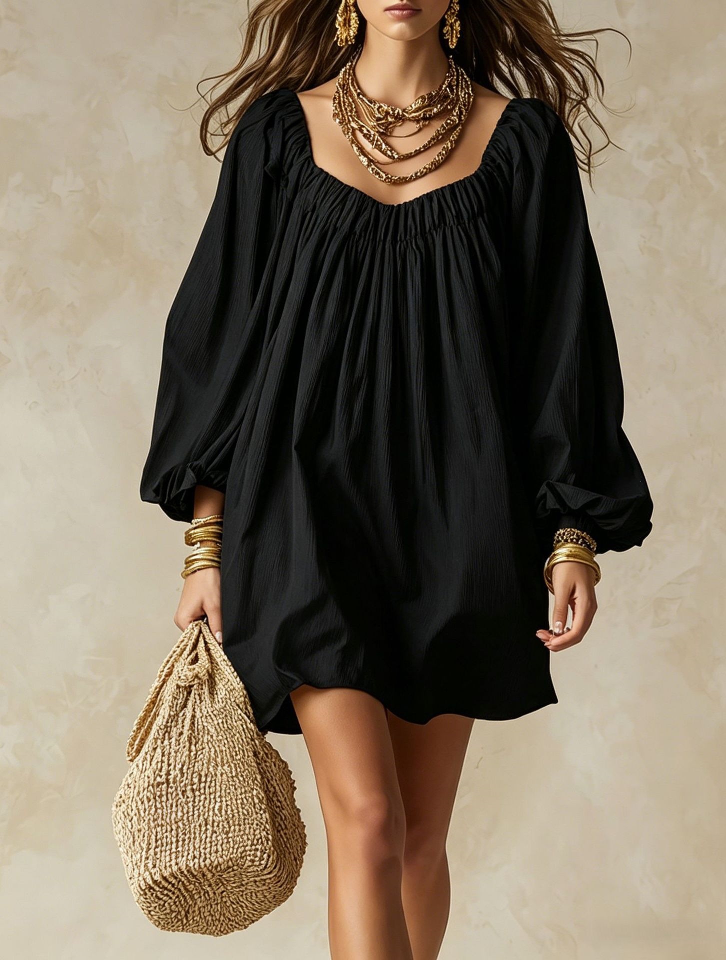 Boho Square Neck Lantern Sleeve A-Line Short Dress