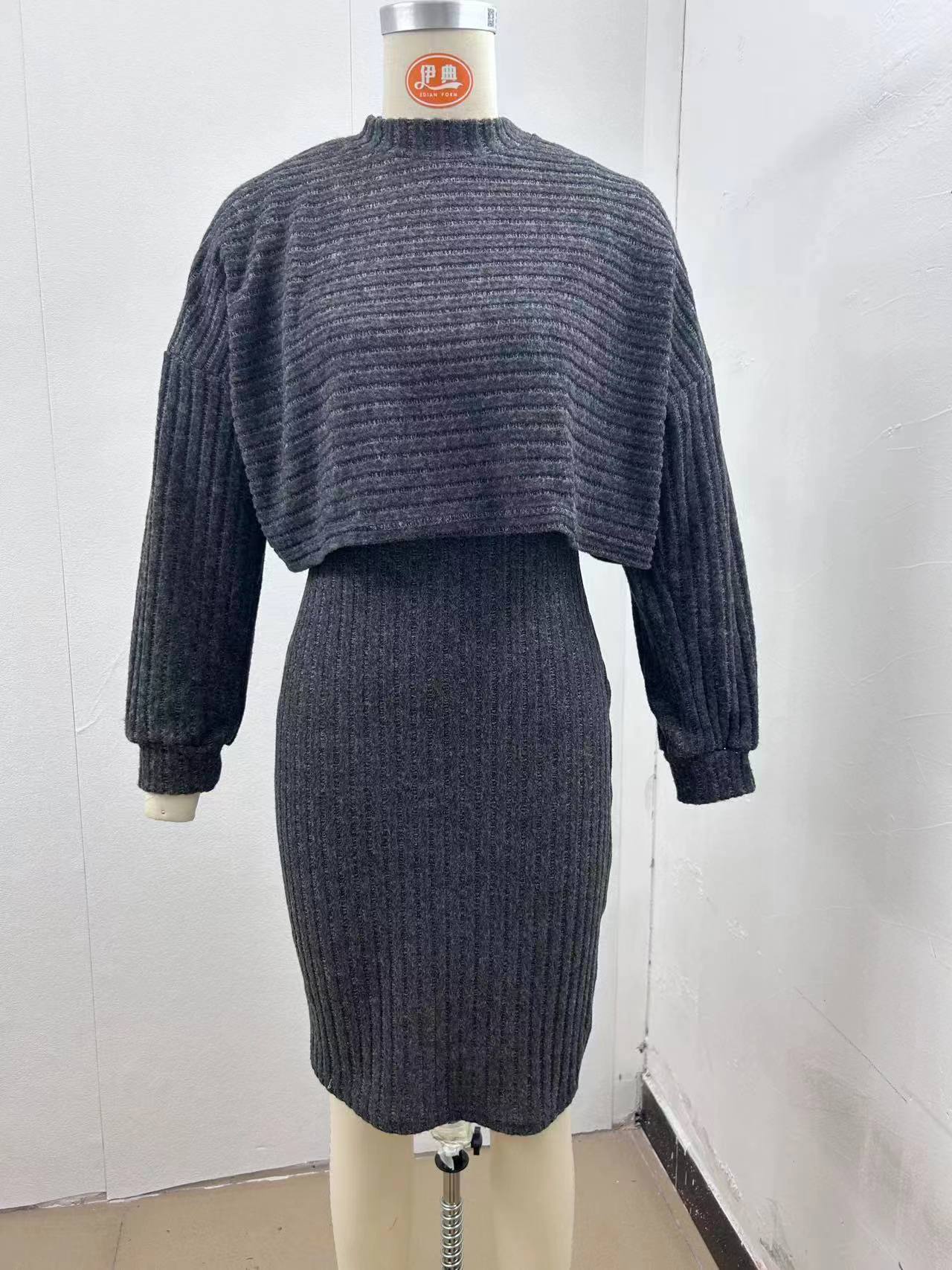 Ribbed Long-Sleeve Top and Cami Dress Set