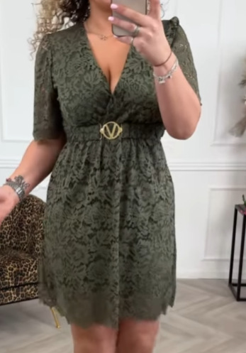 Women's Short Sleeve V-Neck Lace Midi Dress with Belt