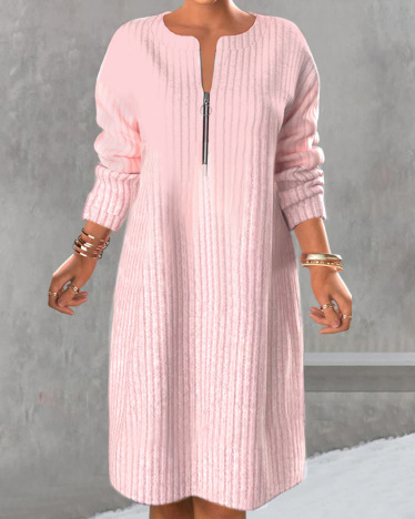Women's Solid Color Zip-Up Long Sleeve Sweater Dress