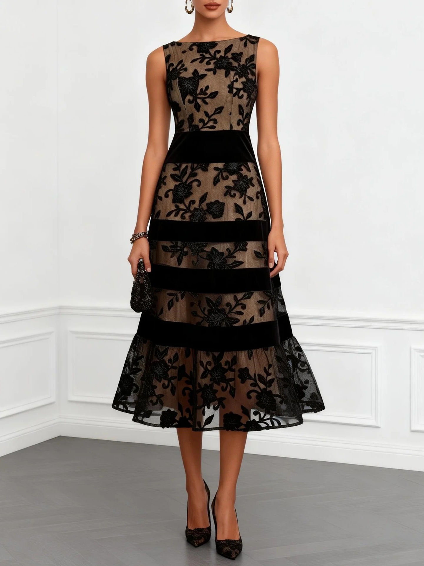 Black Mesh Flocked Jacquard Paneled Bodycon Dress