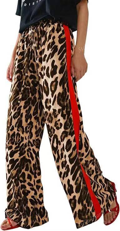 Leopard Print Patchwork Wide-Leg Casual Pants