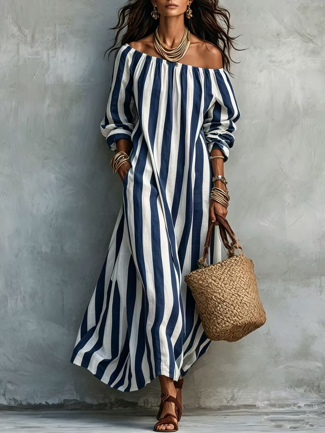 Striped Off-Shoulder Long-Sleeve Maxi Dress