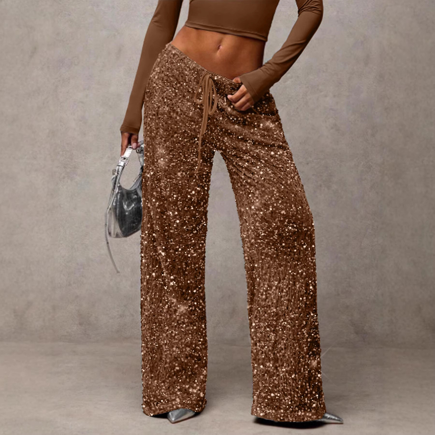 Sequin Drawstring Straight Leg Pants Stretch Slimming Women's