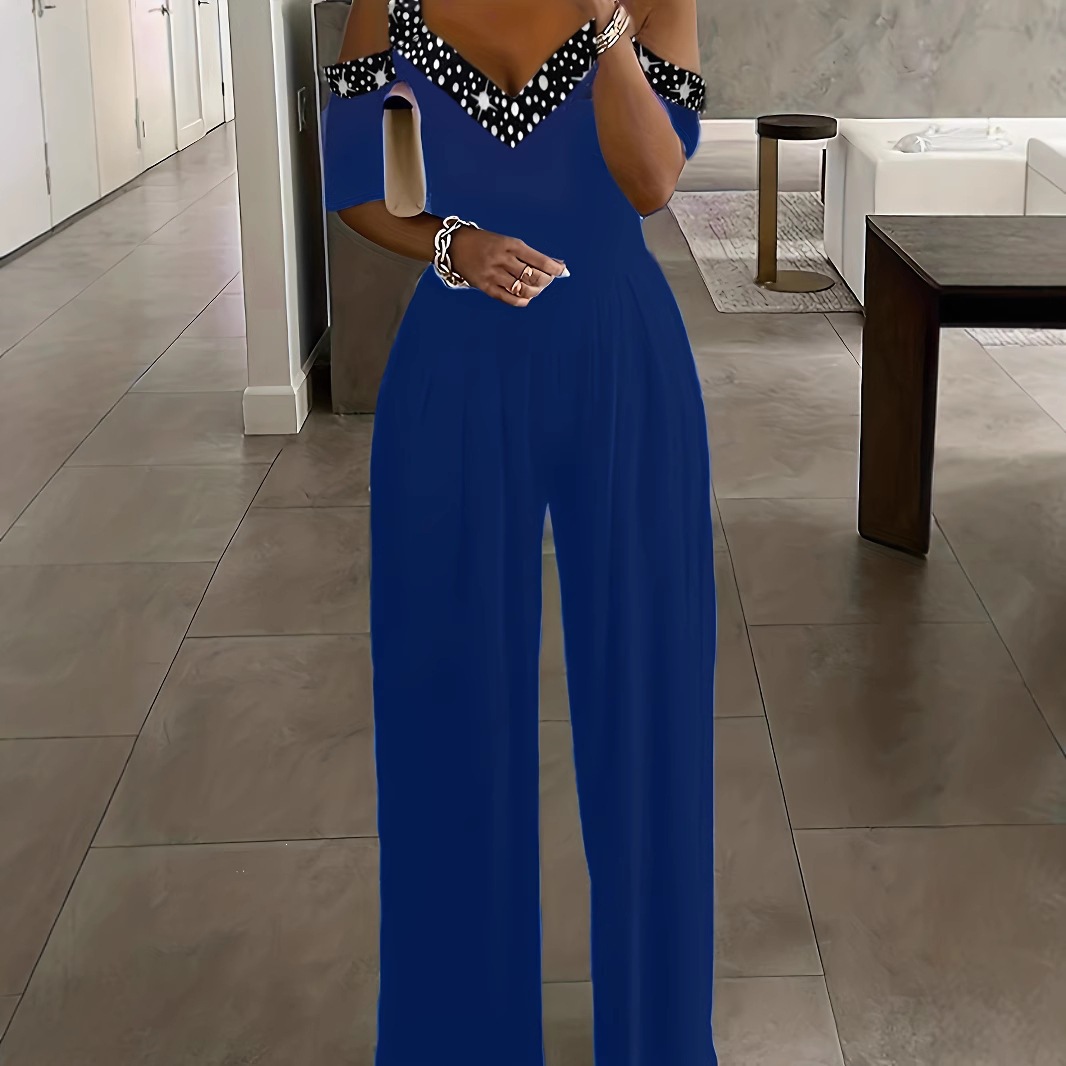 Rhinestone V-Neck Off-Shoulder Jumpsuit with Wide Leg