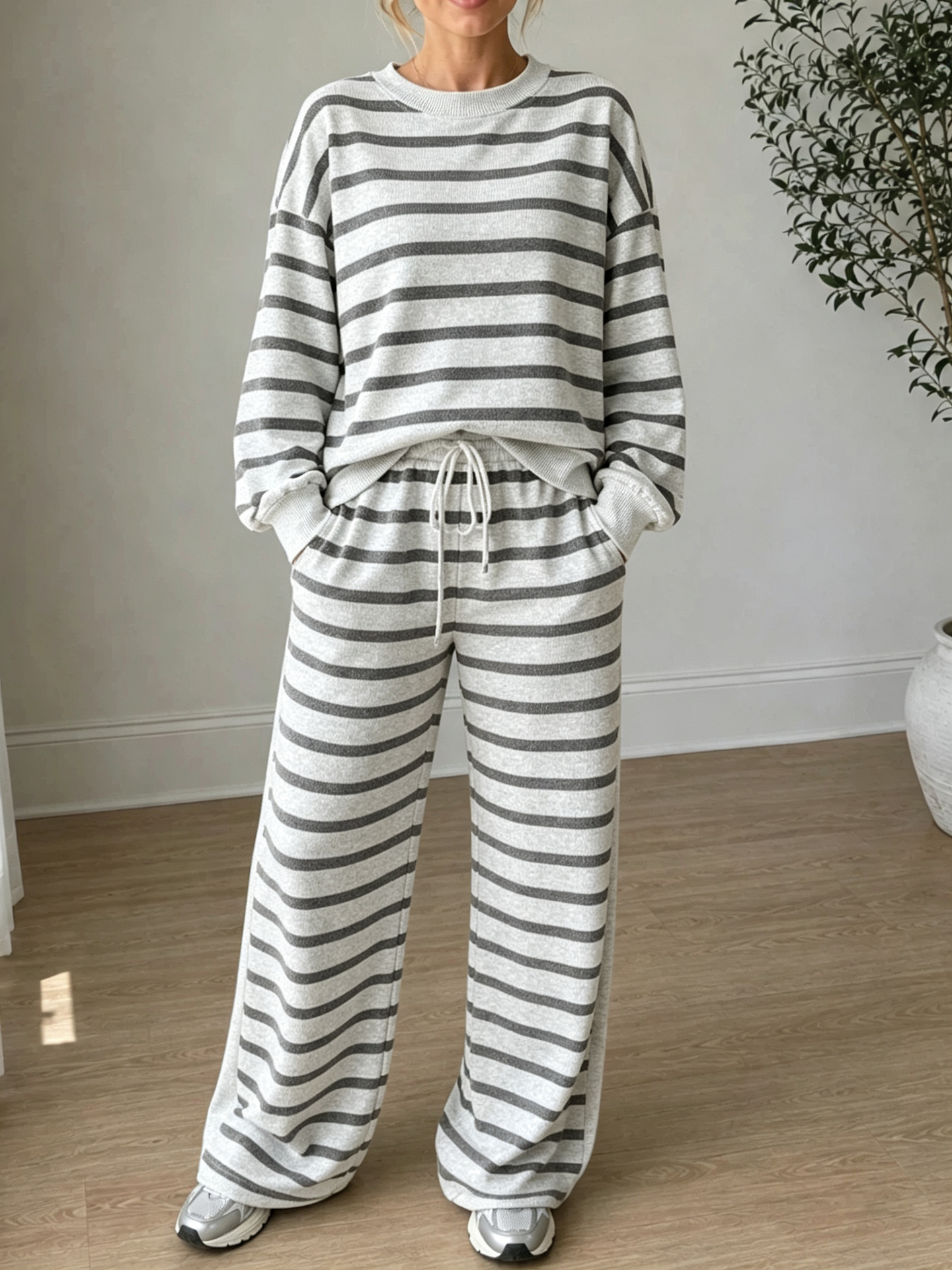 Women's High-Waist Striped Print Long-Sleeve Two-Piece Casual Set