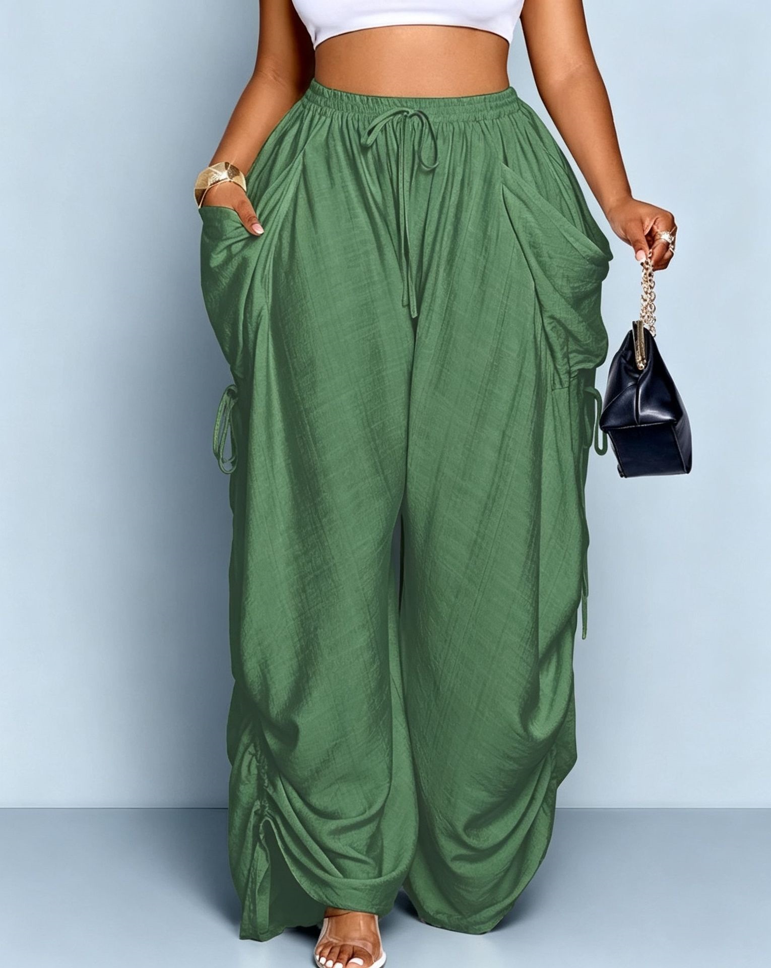 Women's High-Waist Harem Pants Cotton-Linen Drawstring Pockets Plus Size