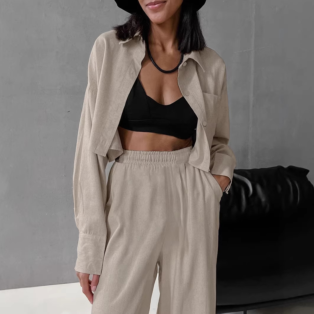 Women's Commuter Two-Piece Set Long Sleeve Shirt & Wide-Leg Pants Slimming