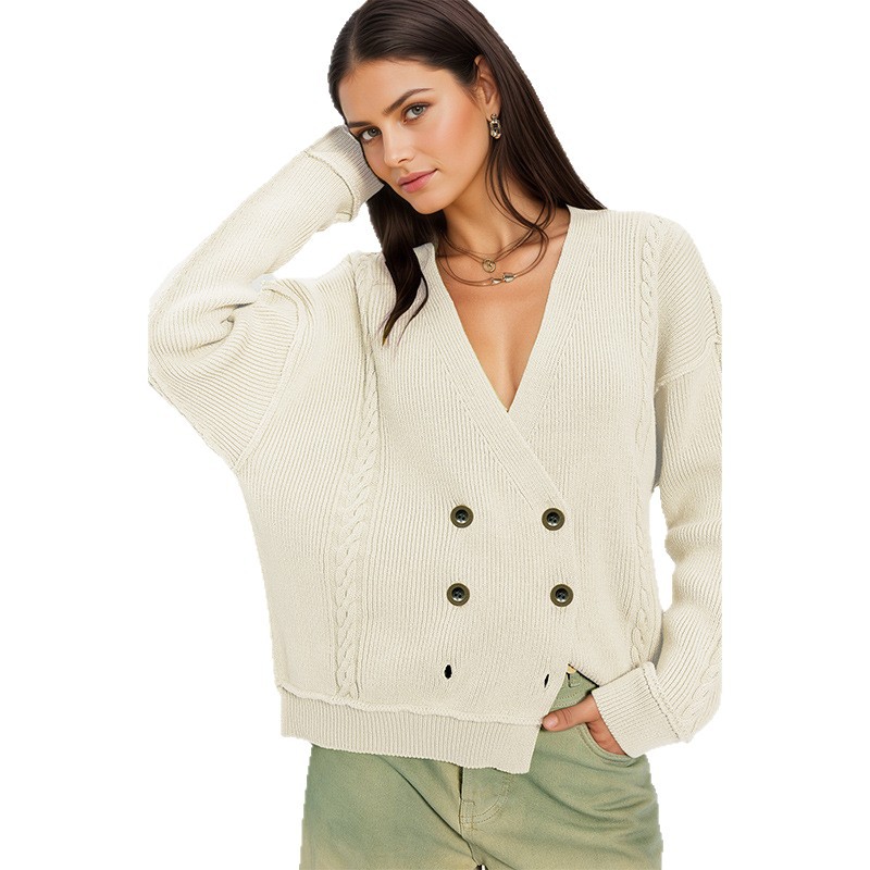 Solid V-Neck Button-Up Knit Cardigan Long Sleeve