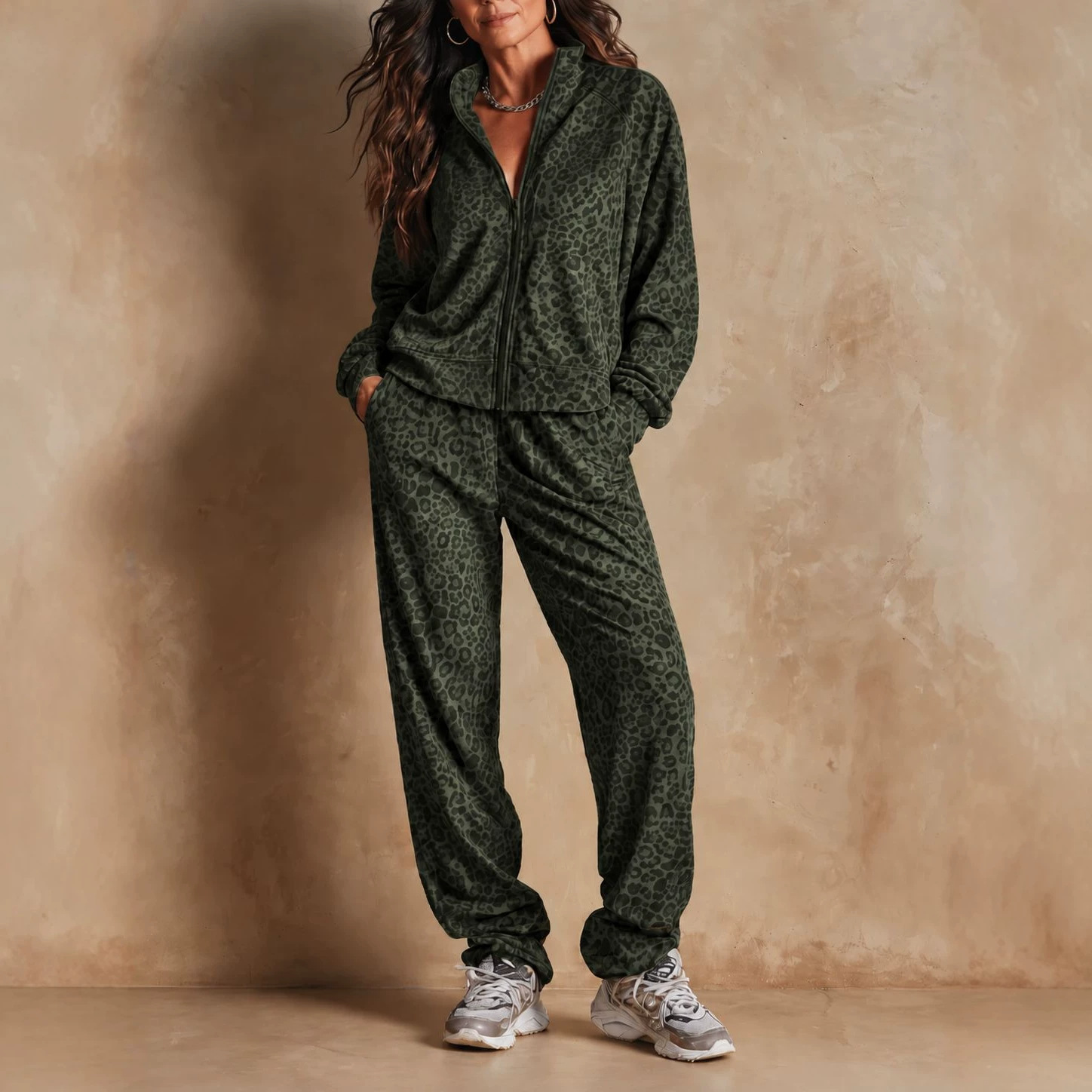 Women's Leopard Print Zip-Up Track Jacket and Pants Set