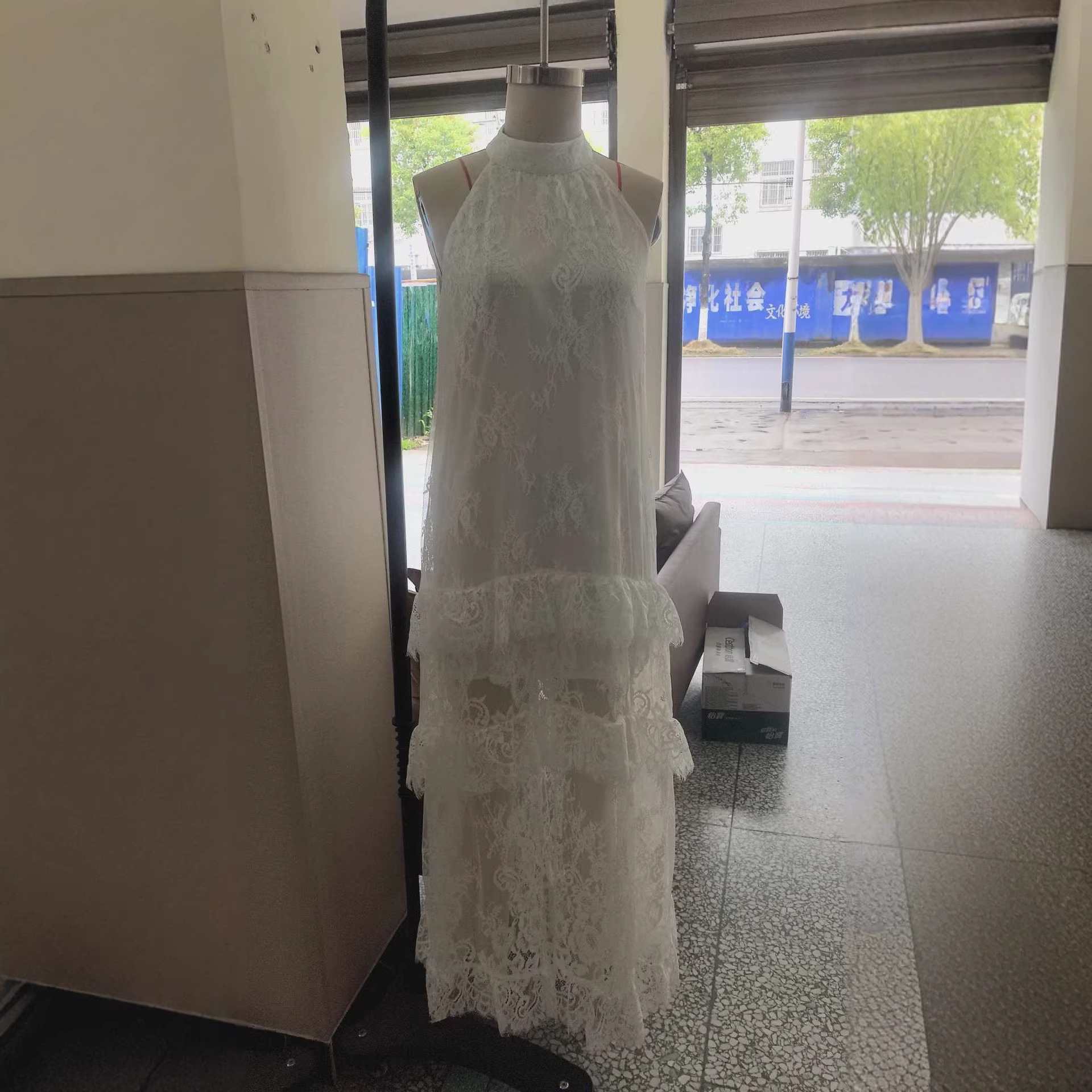 White Lace Halter Neck Sleeveless High Neck Layered Maxi Dress