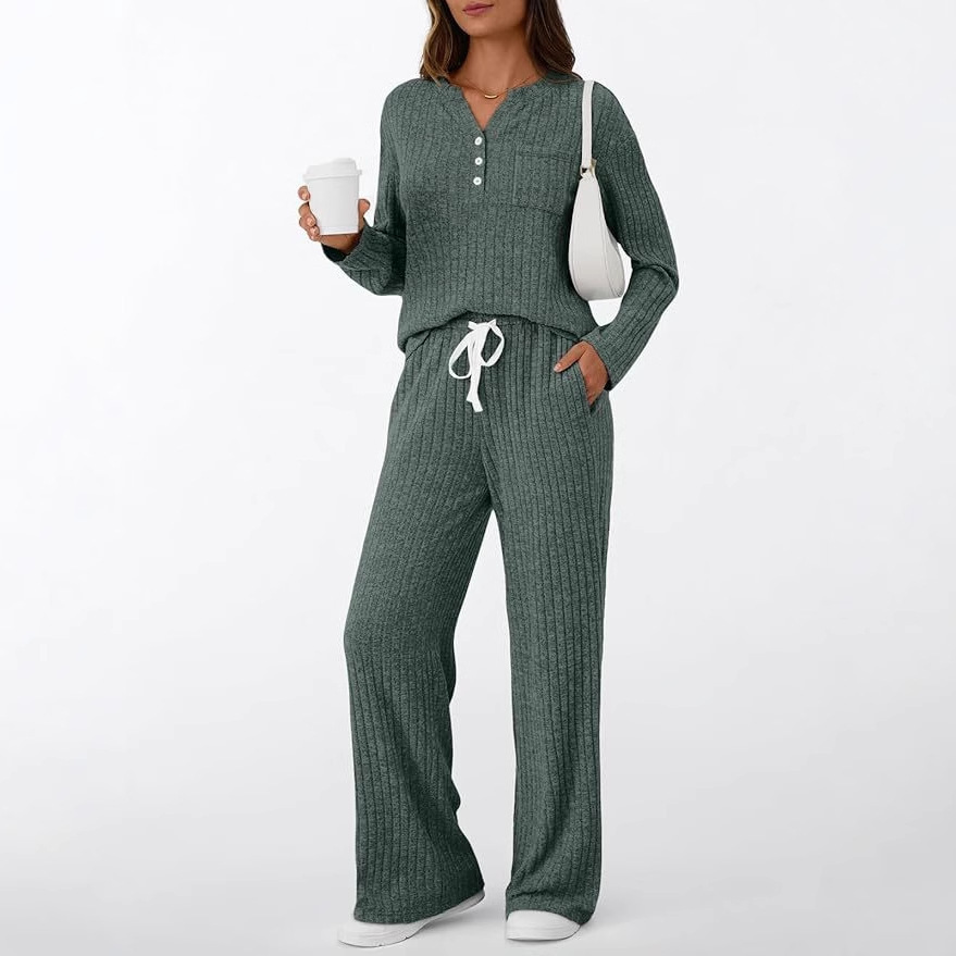 Women's V-Neck Two-Piece Pajama Set Long Sleeve Loungewear