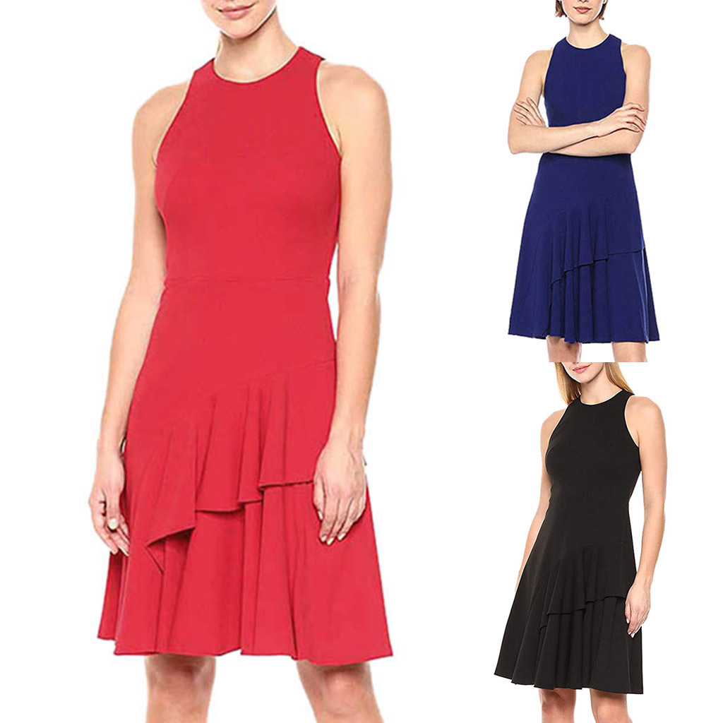 Round Neck Sleeveless Solid Color Asymmetrical Hem Dress