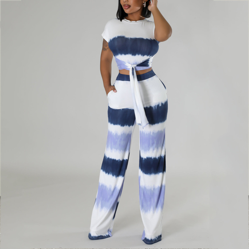 Women's Color-Block Tie-Waist Short-Sleeve Top and Pants Set