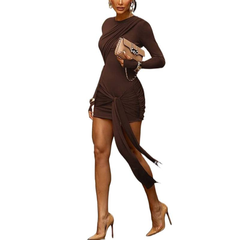 Solid Color Long Sleeve Tie Bodycon Dress