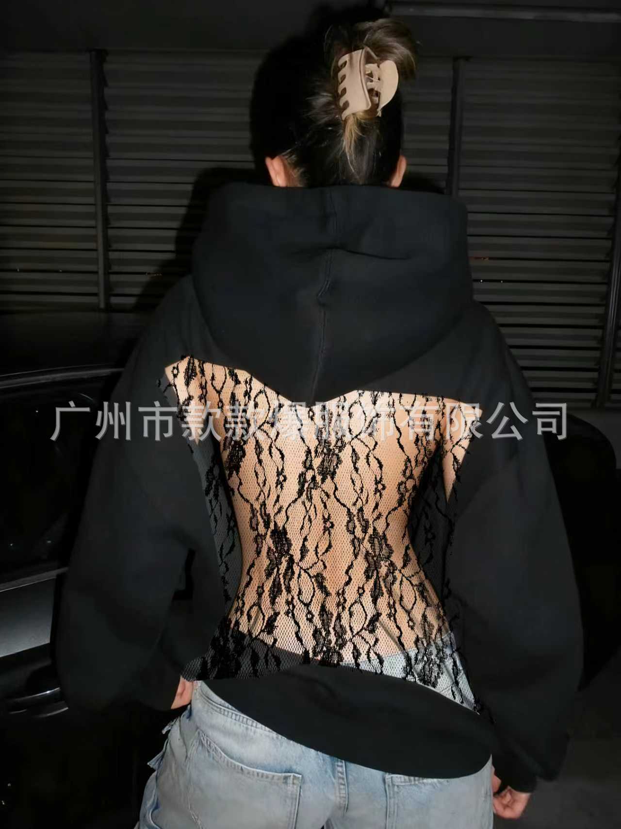 Women's Solid Color Hooded Long Sleeve Open Back Lace Hoodie