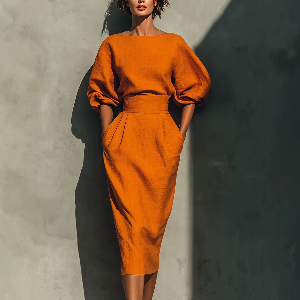 Plus Size Cotton-Blend Midi Dress with Round Neck and Puff Sleeves