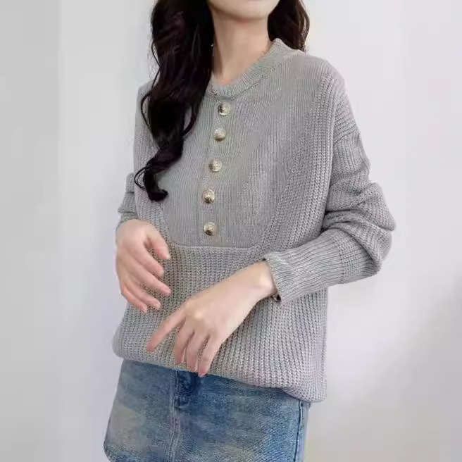 Women's Plus Size Knit Sweater with Buttons, Round Neck, Long Sleeve, Thickened Pullover
