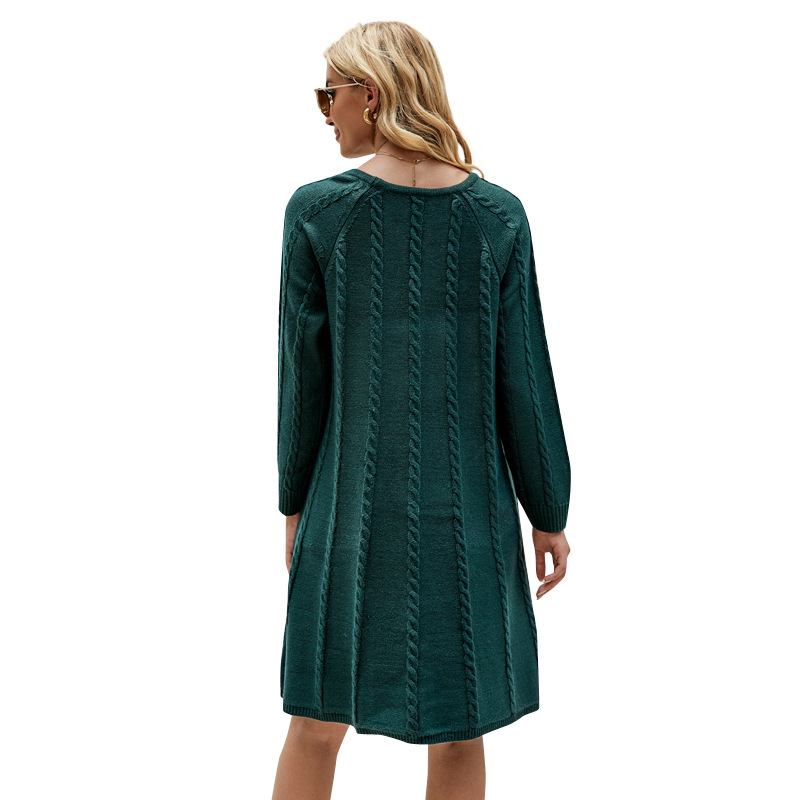 Women's Cable Knit A-Line Sweater Dress Crew Neck Long Sleeve Loose Fit