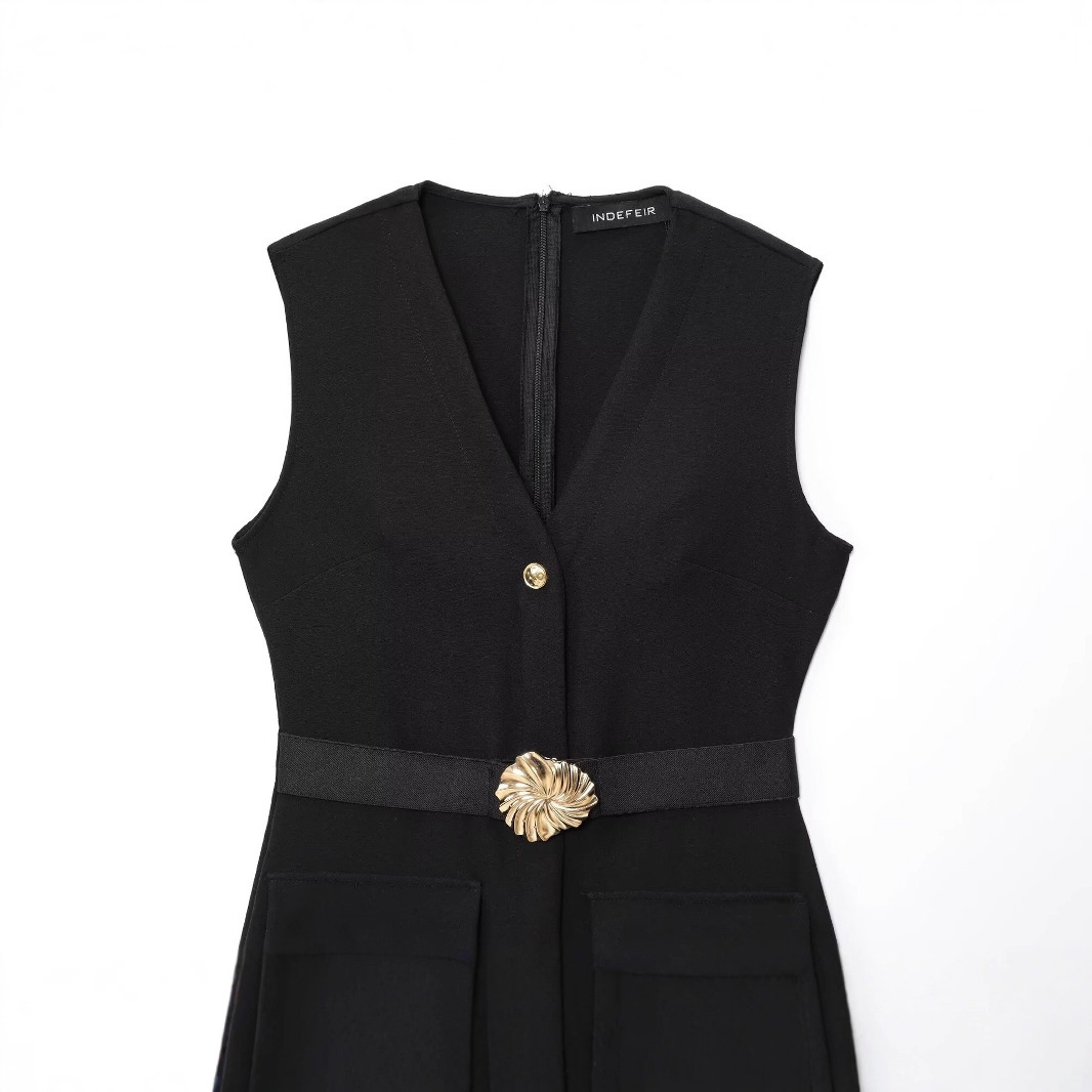 Women's Belted Crepe Midi Dress with Collar Sleeveless Solid