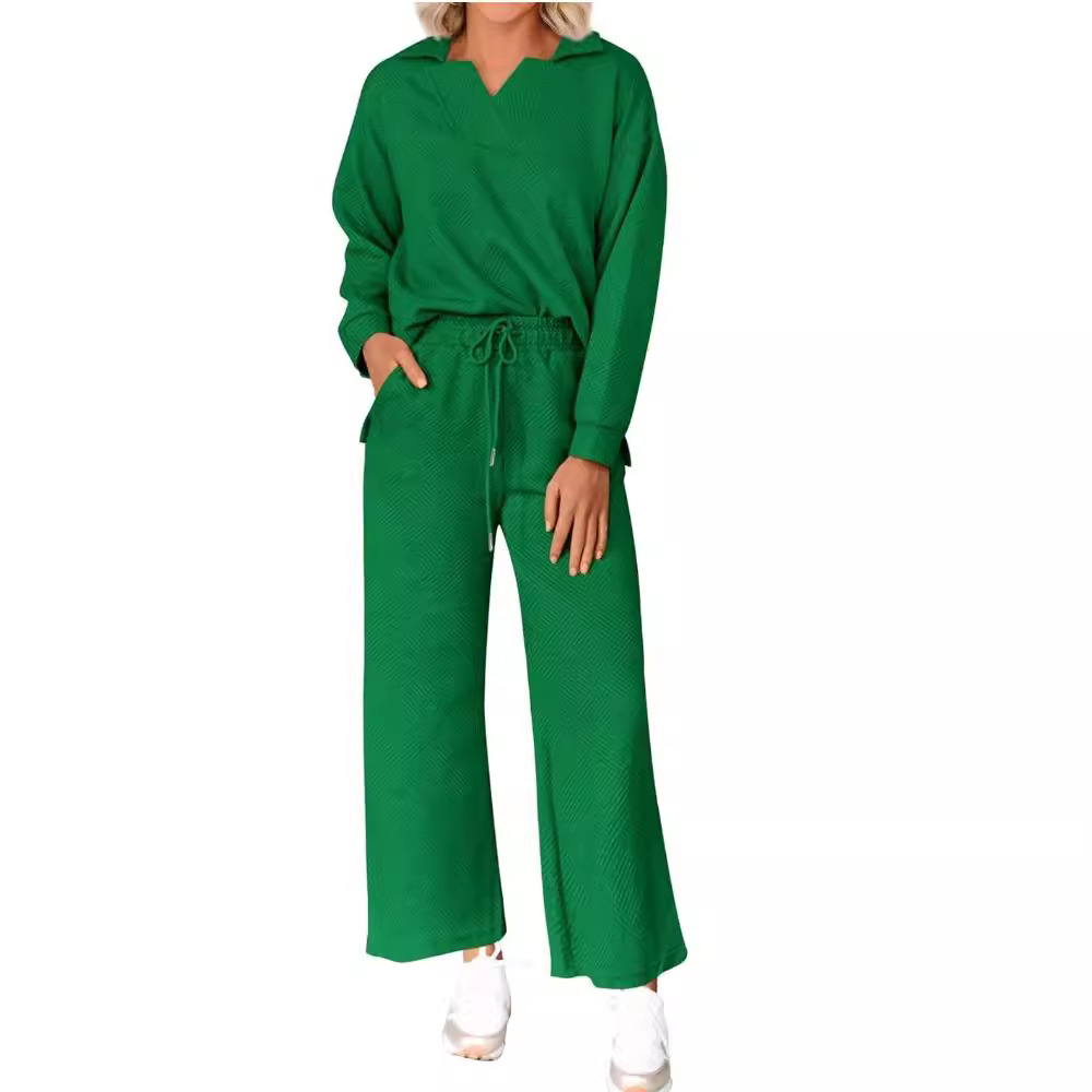 Solid Textured Long-Sleeve Hoodie and Pants Two-Piece Set