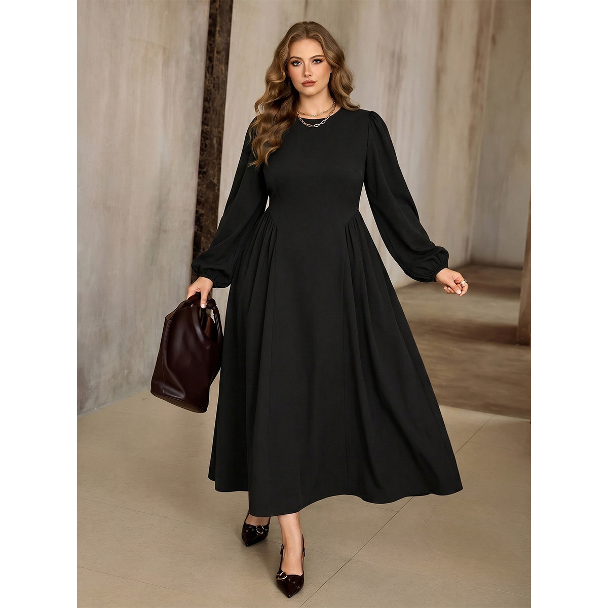 Women's Plus Size Black Long Dress with Lantern Sleeves and Waist Tie