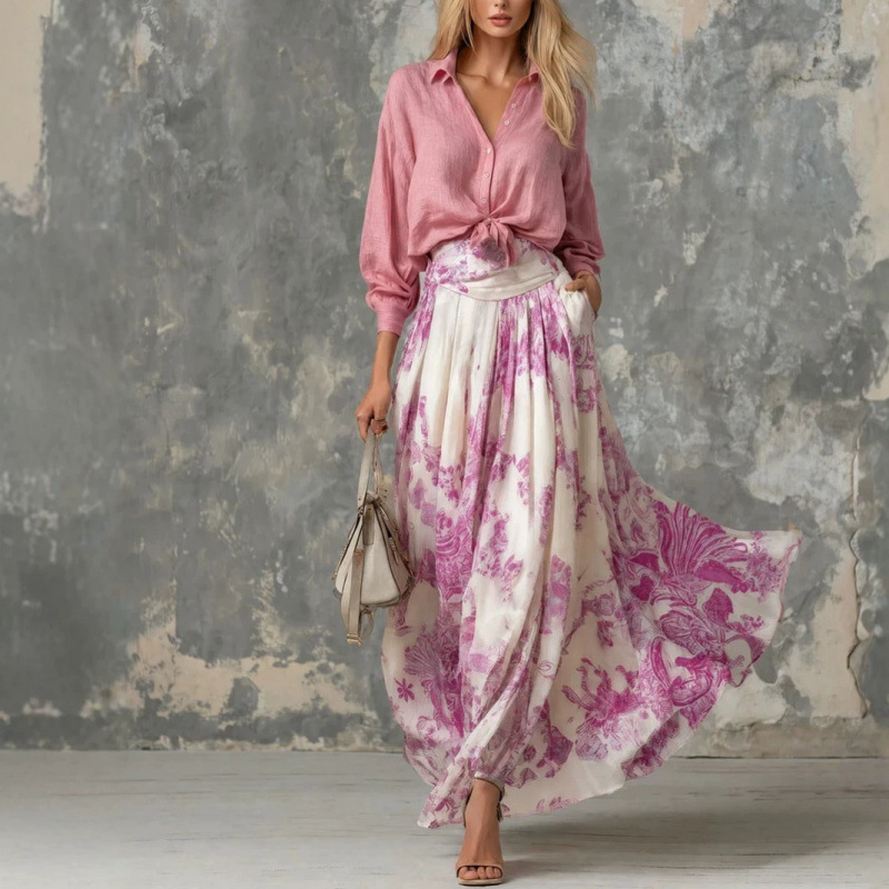 French Vintage Oil Painting Print Shirt and Skirt Two-Piece Set Women's Vacation Outfit