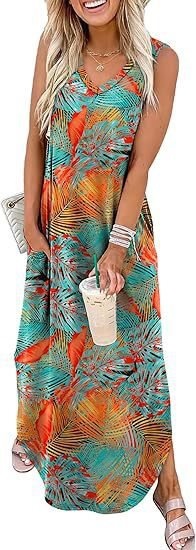 Women's Sleeveless V-Neck Maxi Dress with Pockets for Beach Vacation