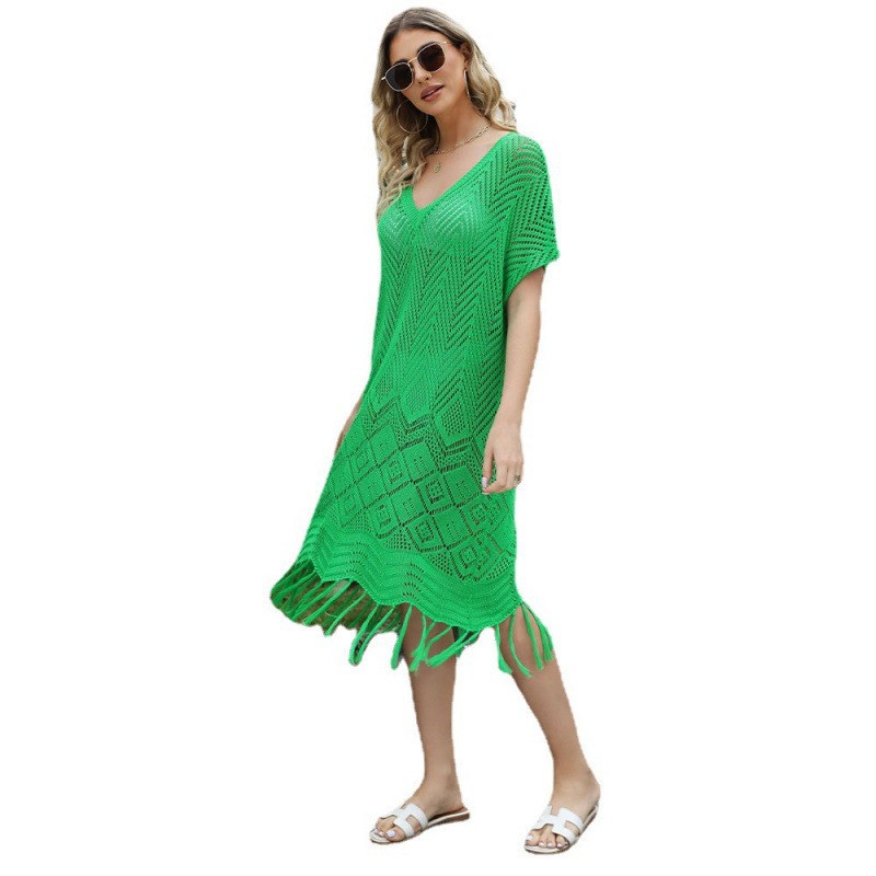 Solid V-Neck Loose Plus-Size Fringe Beach Dress
