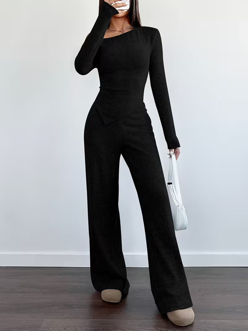 Women's One-Shoulder Knit Two-Piece Set Slim Fit Long Sleeve Top & Wide Leg Pants