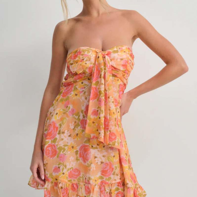 Sexy French Floral Print Sheer Strapless A-Line Dress