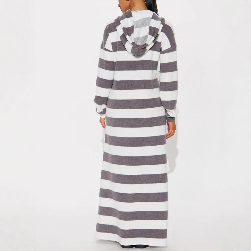 Women's Striped Long Hoodie Dress with Drawstring