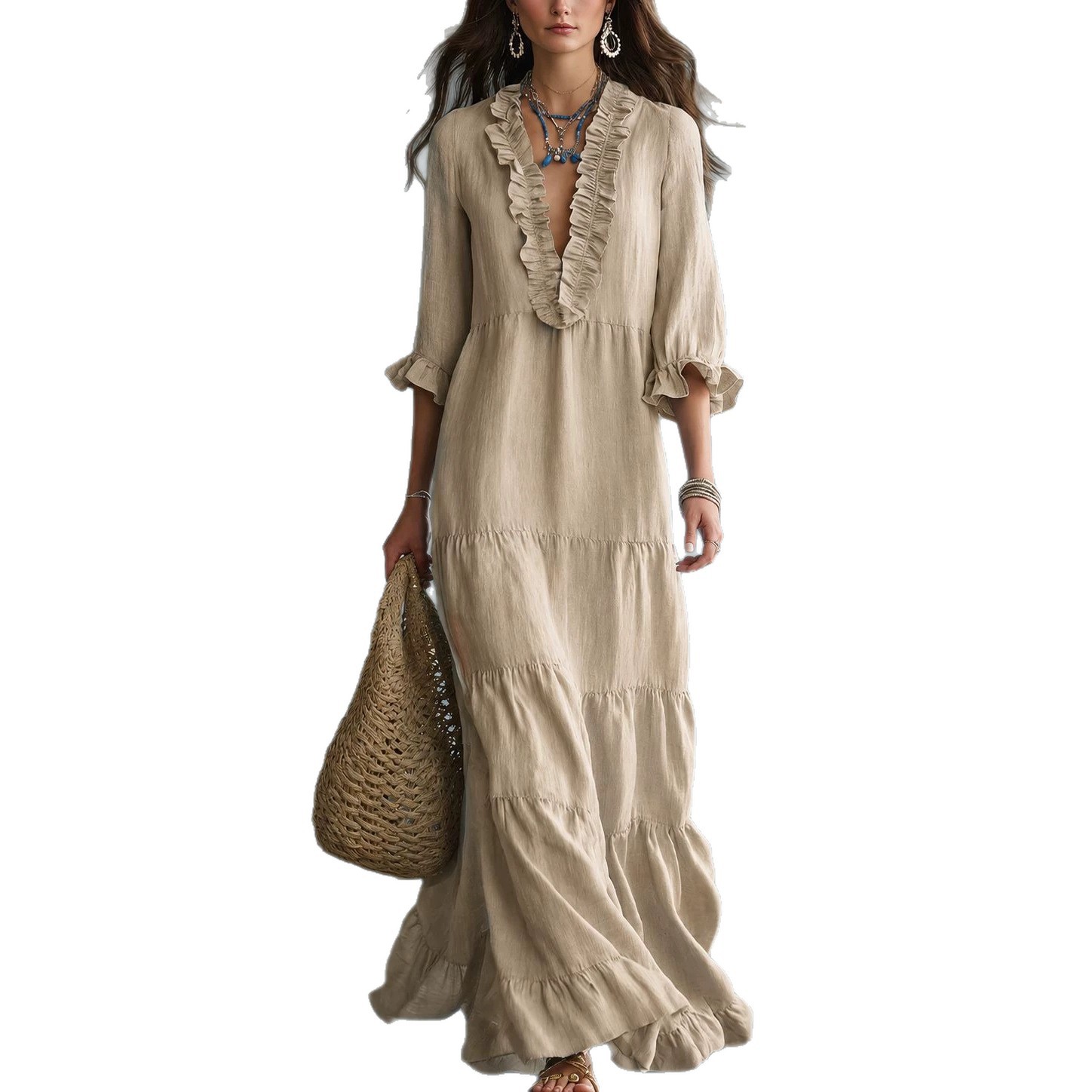 Women's Boho V-Neck Tiered Ruffled Maxi Dress