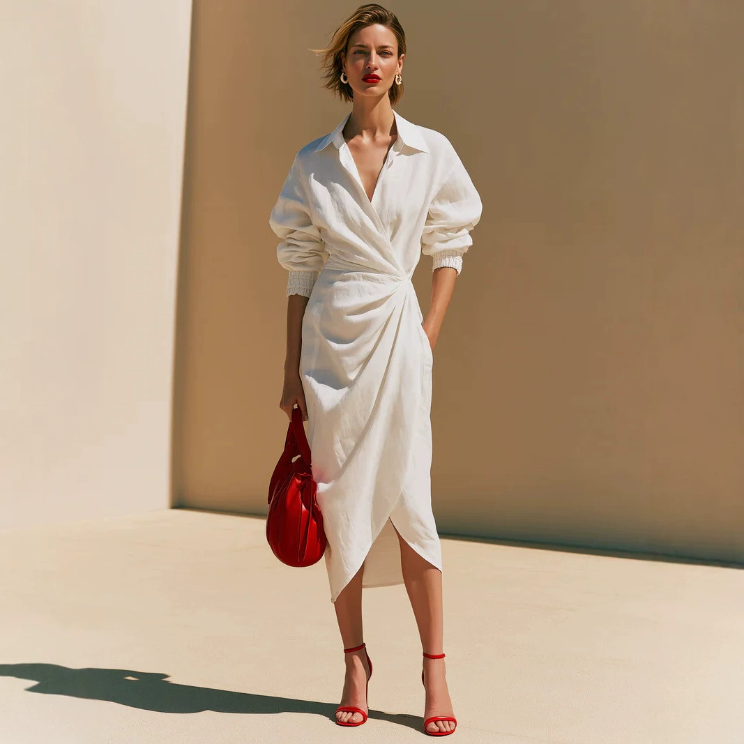Elegant Solid V-Neck Long Sleeve Wrap Midi Dress with Ruffle Asymmetric Hem