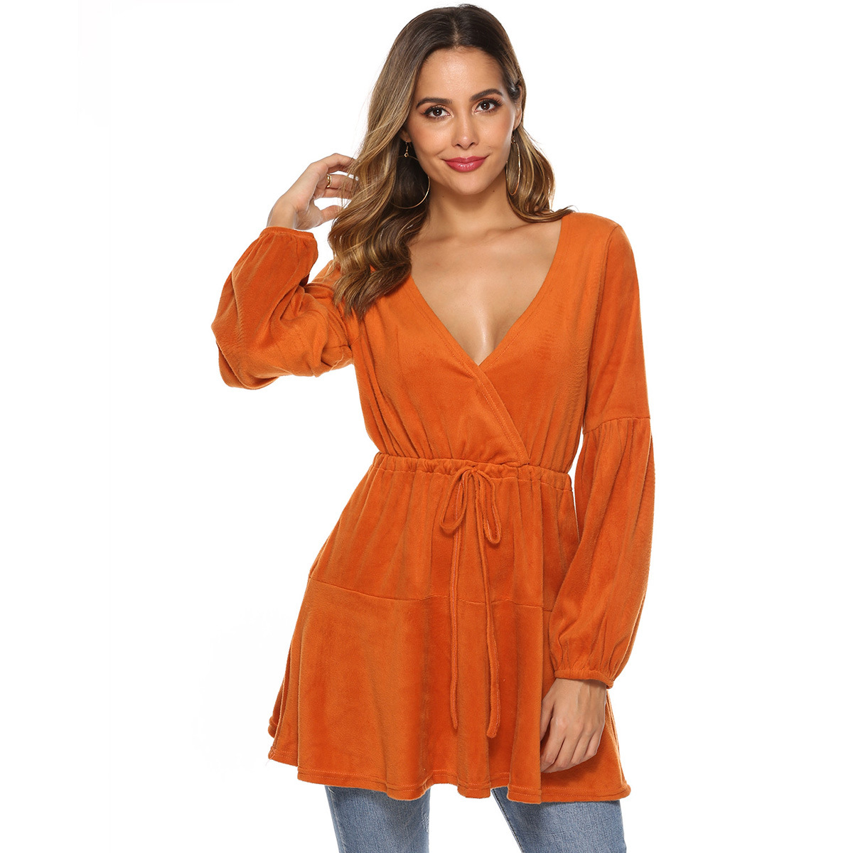 Cross V-Neck Lace-Up Waist Fuzzy Knit Dress with Long Sleeve Cardigan