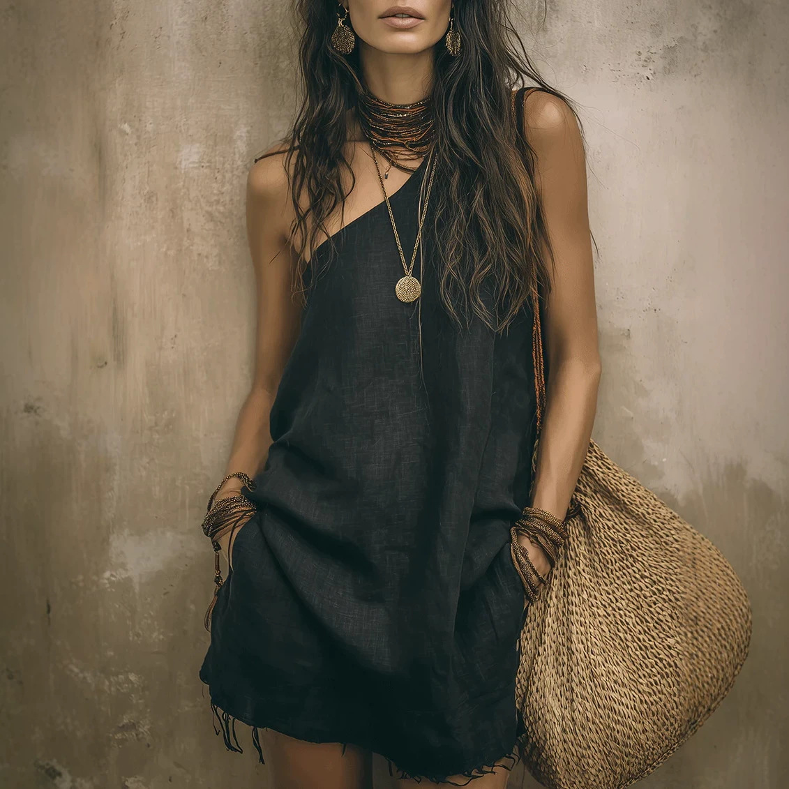 Retro Sleeveless One-Shoulder Solid Boho Fringe Mini Dress