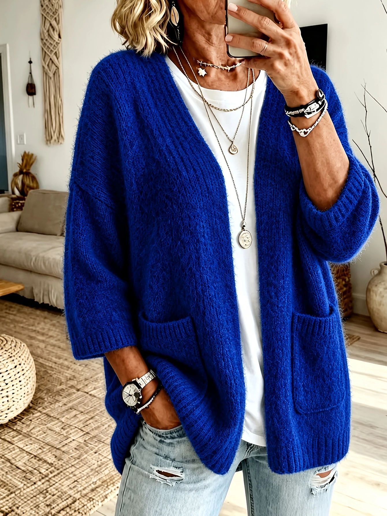 Soft Solid Knit Cardigan with Dual Pockets, Open Front, Long Sleeve
