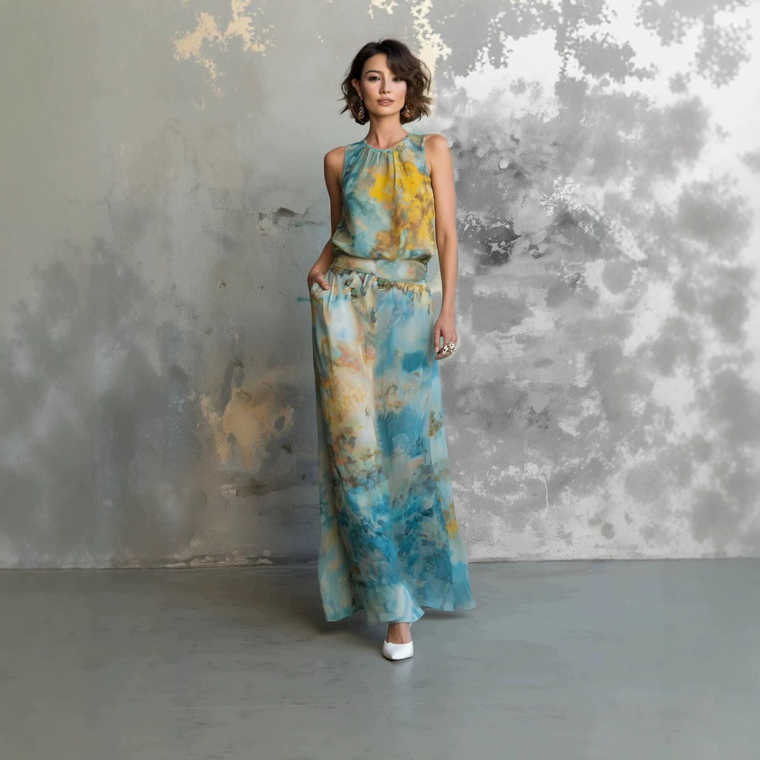 Elegant Floral Print Satin Sleeveless Top and Midi Skirt Set