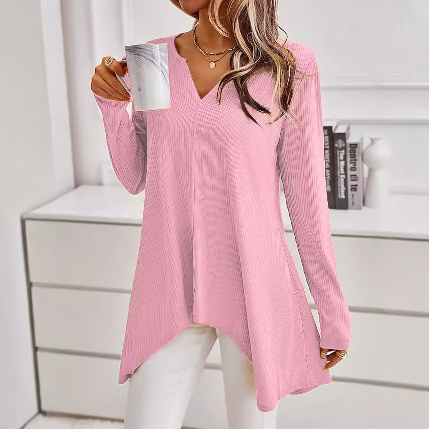 Women's V-Neck Knit Sweater Long Sleeve Loose Fit Solid Color