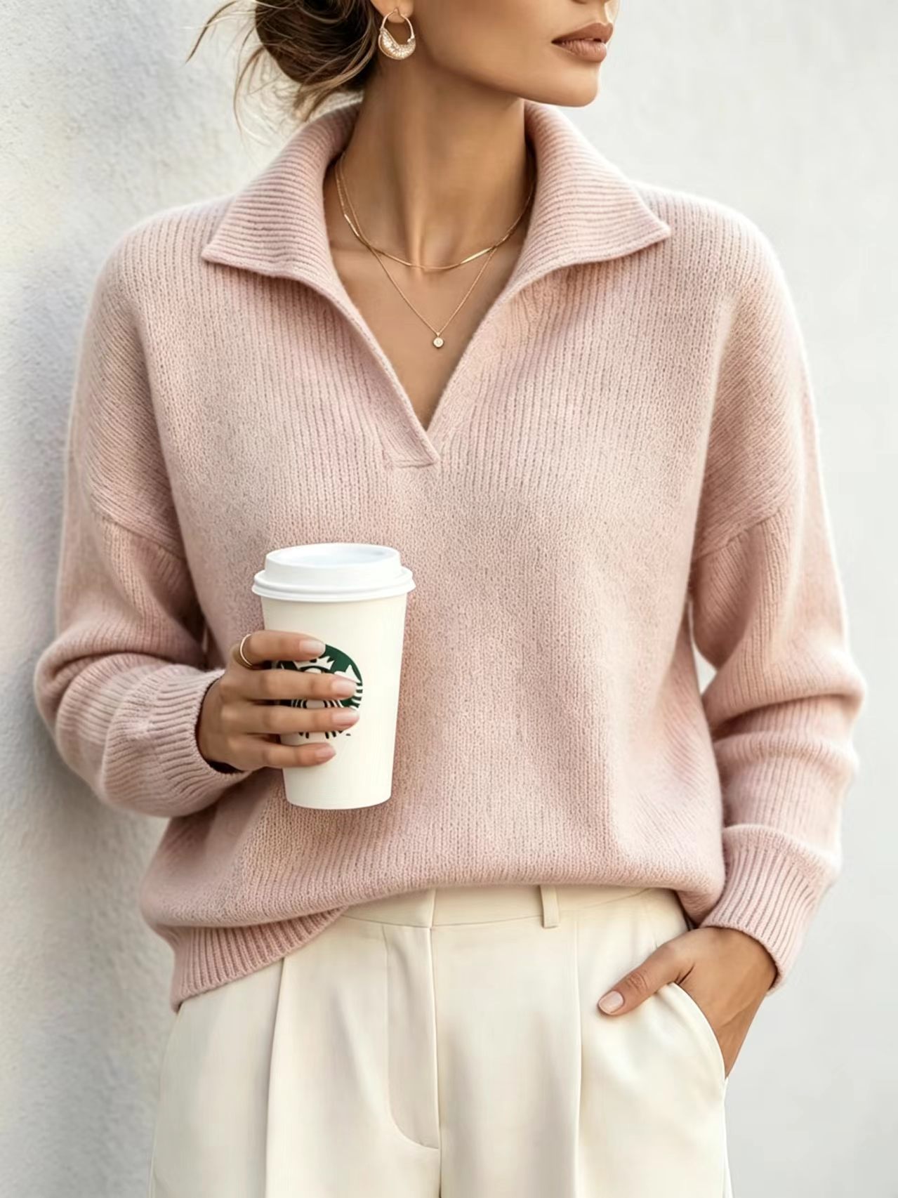 V-Neck Pullover Sweater Top Elegant Commuter Style Women's