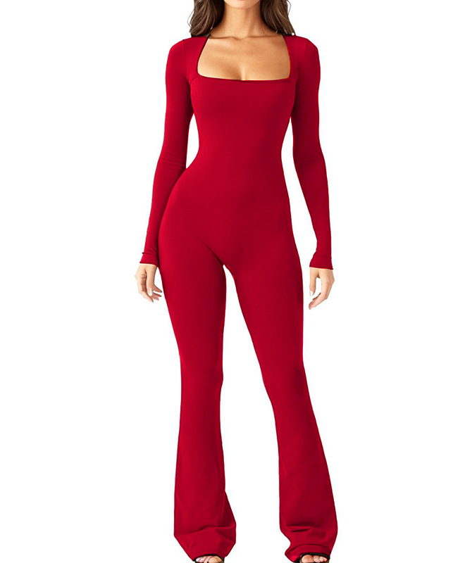 Women's Long Sleeve Square Neck Wide Leg Jumpsuit with Tummy Control and Butt Lifting