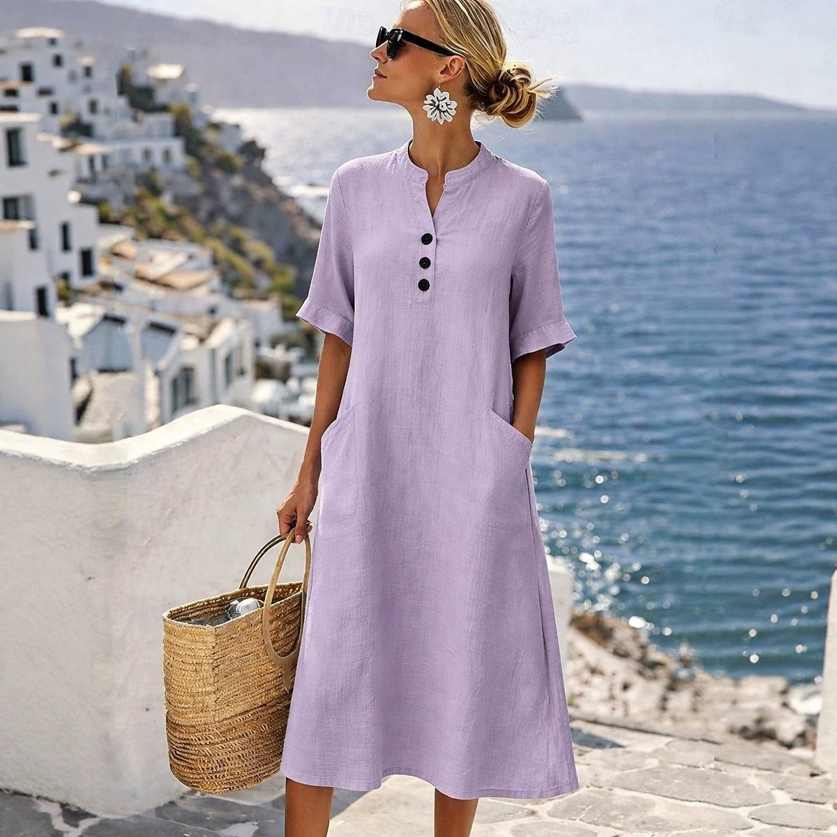 Women's Stand Collar Button Short Sleeve Pocket Midi Dress