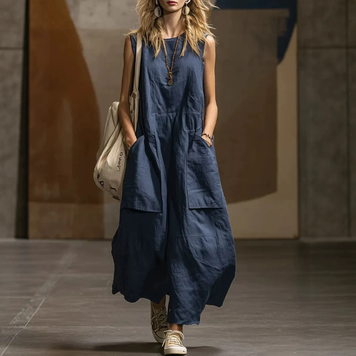 Women's Loose Sleeveless Cotton Linen Dress with 3D Pockets