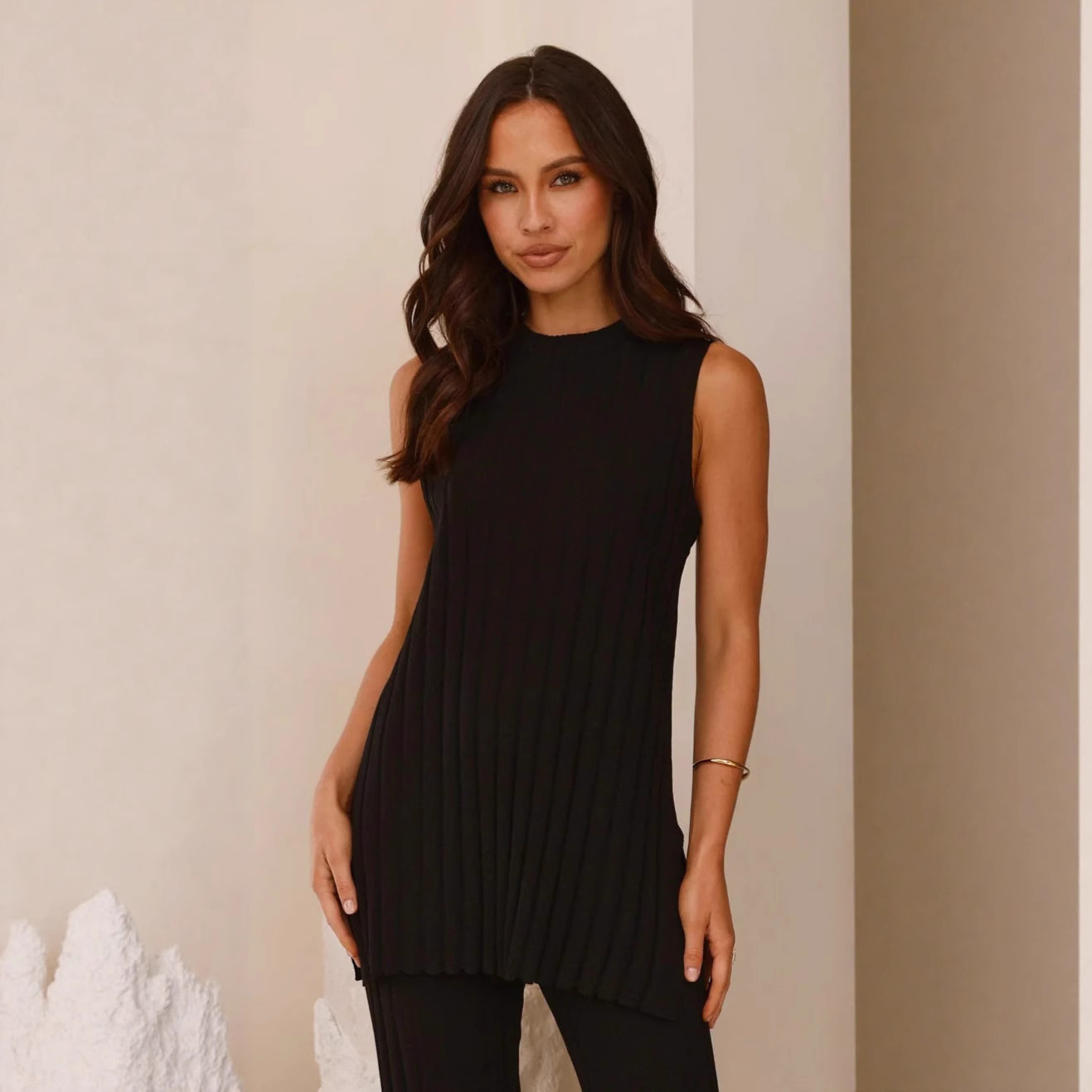 Striped Sleeveless Top and Wide-Leg Pants Two-Piece Set