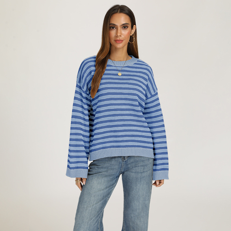 Striped Crewneck Pullover Sweater Loose Knit Top