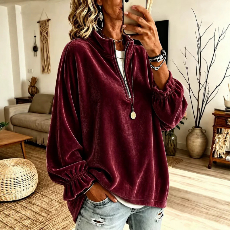 Women's Casual Zip-Up Loose Sweatshirt with Lapel Collar