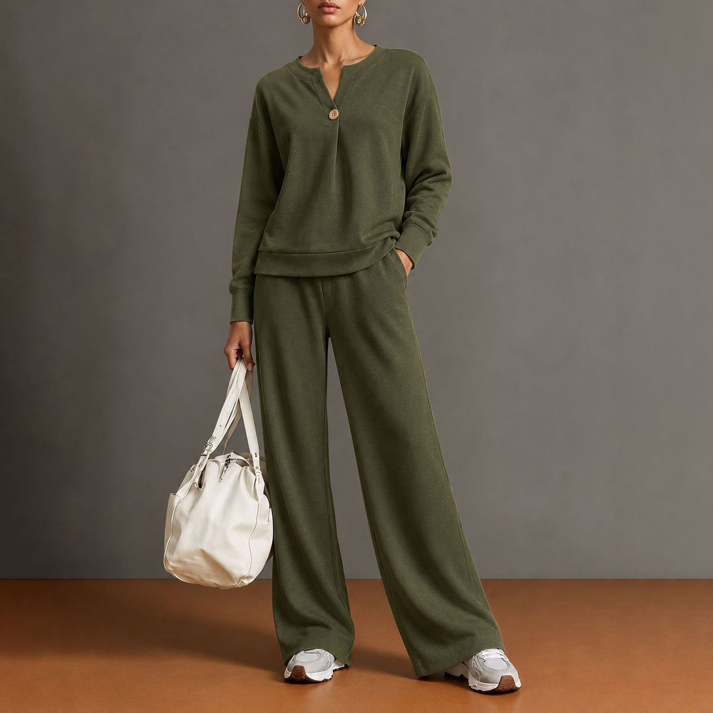 Women's Casual Solid Color Stand Collar Cardigan Sweatshirt and Wide-Leg Pants Set