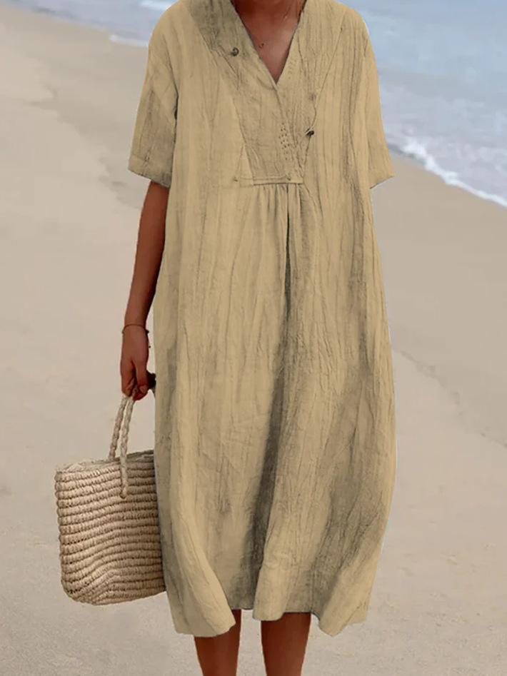 Women's Solid Cotton-Linen Casual Slimming Dress
