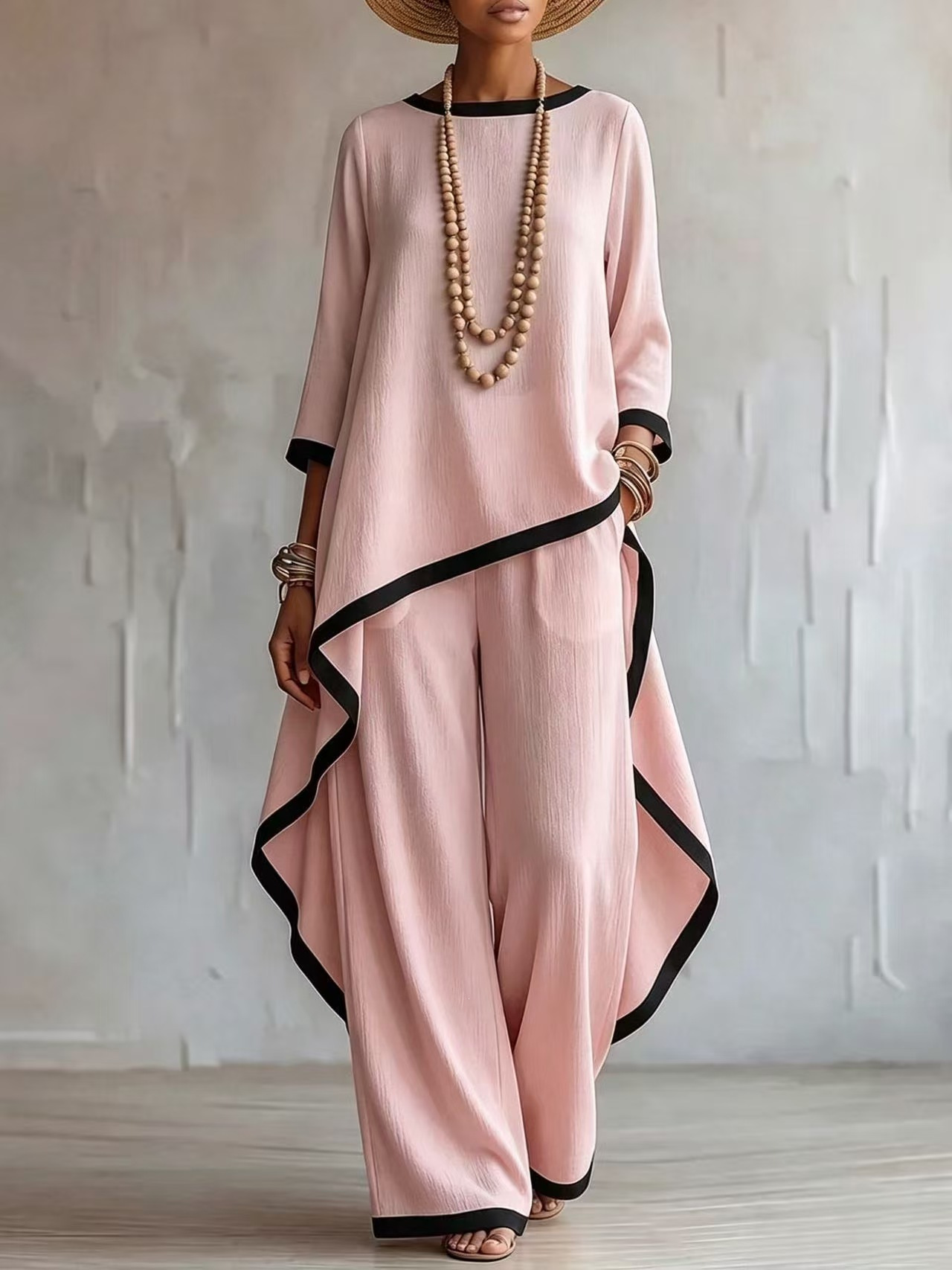Women's Cotton-Linen Blend Asymmetric Long-Sleeve Top Set